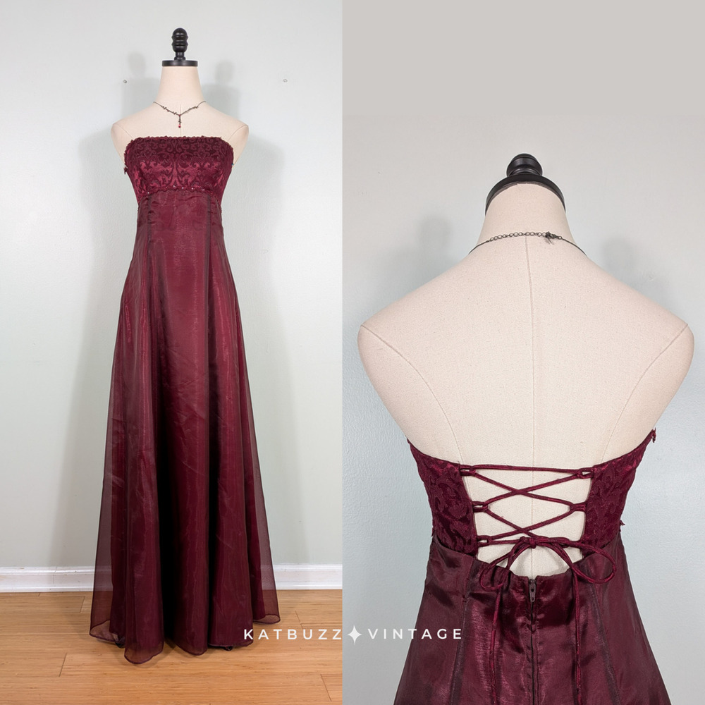Vintage Zum Prom Dress Maxi Gown 8 Red Goth Princess Corset Strapless 90S Y2K